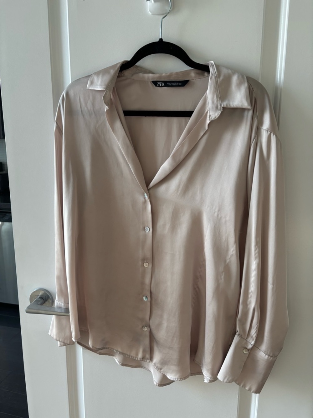 Zara Light Beige Satin Button-Up Blouse